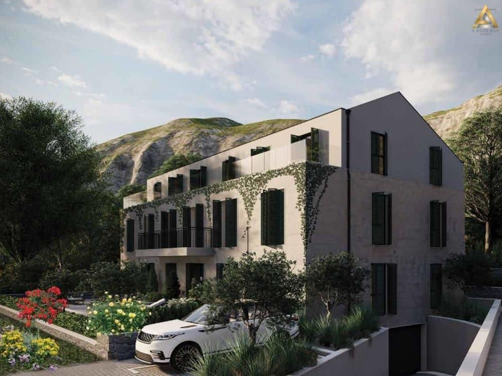 Jednosoban stan 52.15m2 + 139m2 terase u novom stambenom kompleksu u Prčnju, Kotor - Amfora Real Estate